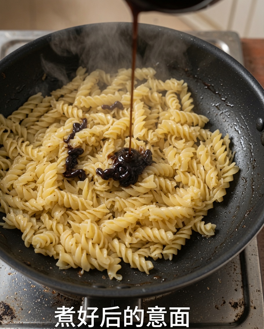 Sauce au poivre noir versée sur les fusillis dans la poêle.