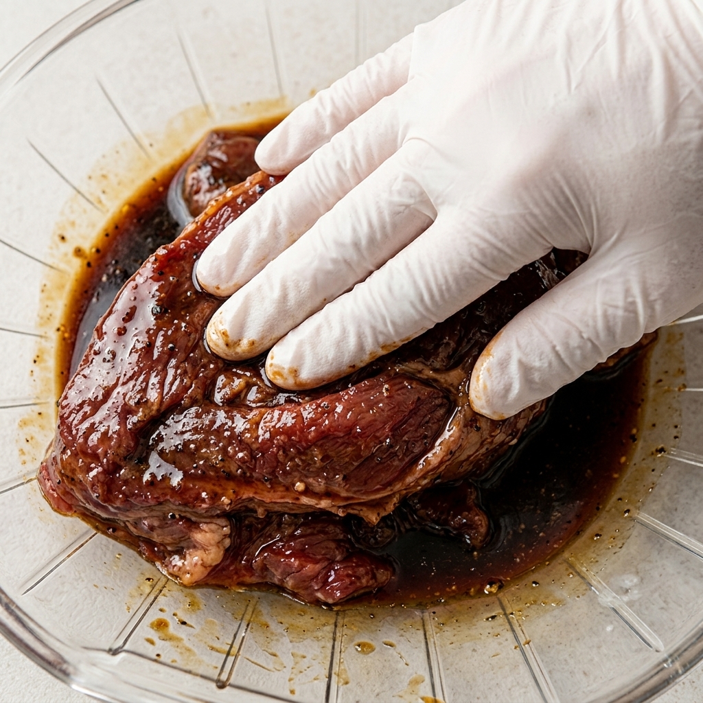 Lanières de bœuf en train dêtre attendries avec un maillet à viande.