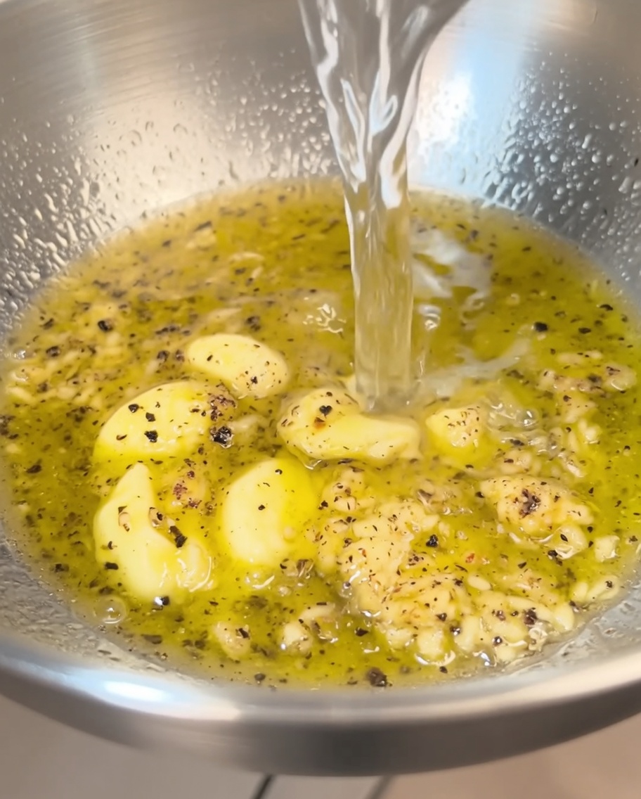 Une sauce crémeuse et émulsionnée dans le bol après avoir fouetté le beurre, lhuile et leau des pâtes.