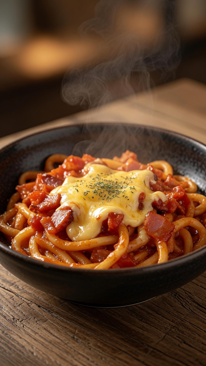 Udon au Tomate, Bacon et Fromage