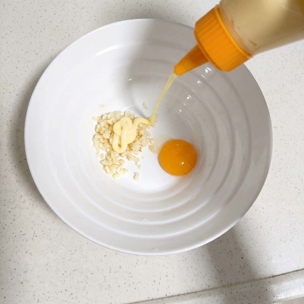 De la mayonnaise crémeuse pressée directement dans le bol avec les autres ingrédients.