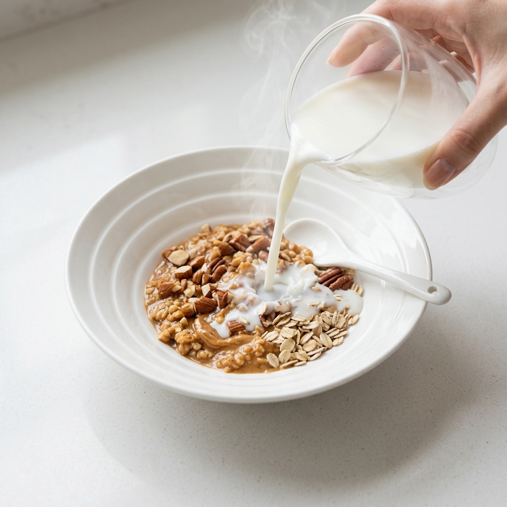 Du lait chaud versé dans un bol avec la pâte dassaisonnement, créant une base de bouillon crémeuse.