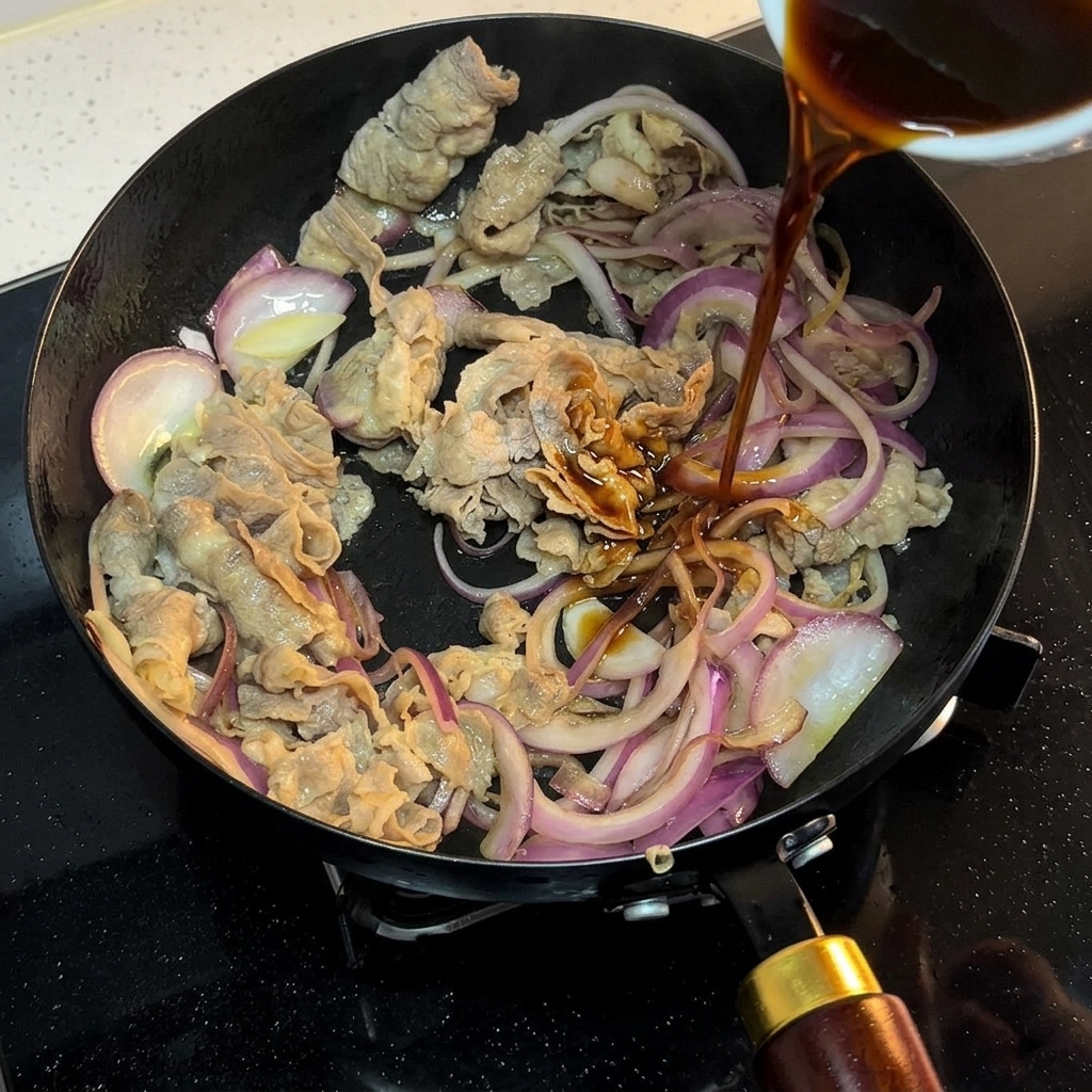 Une sauce brune versée dun petit bol sur le bœuf et les oignons rissolés.