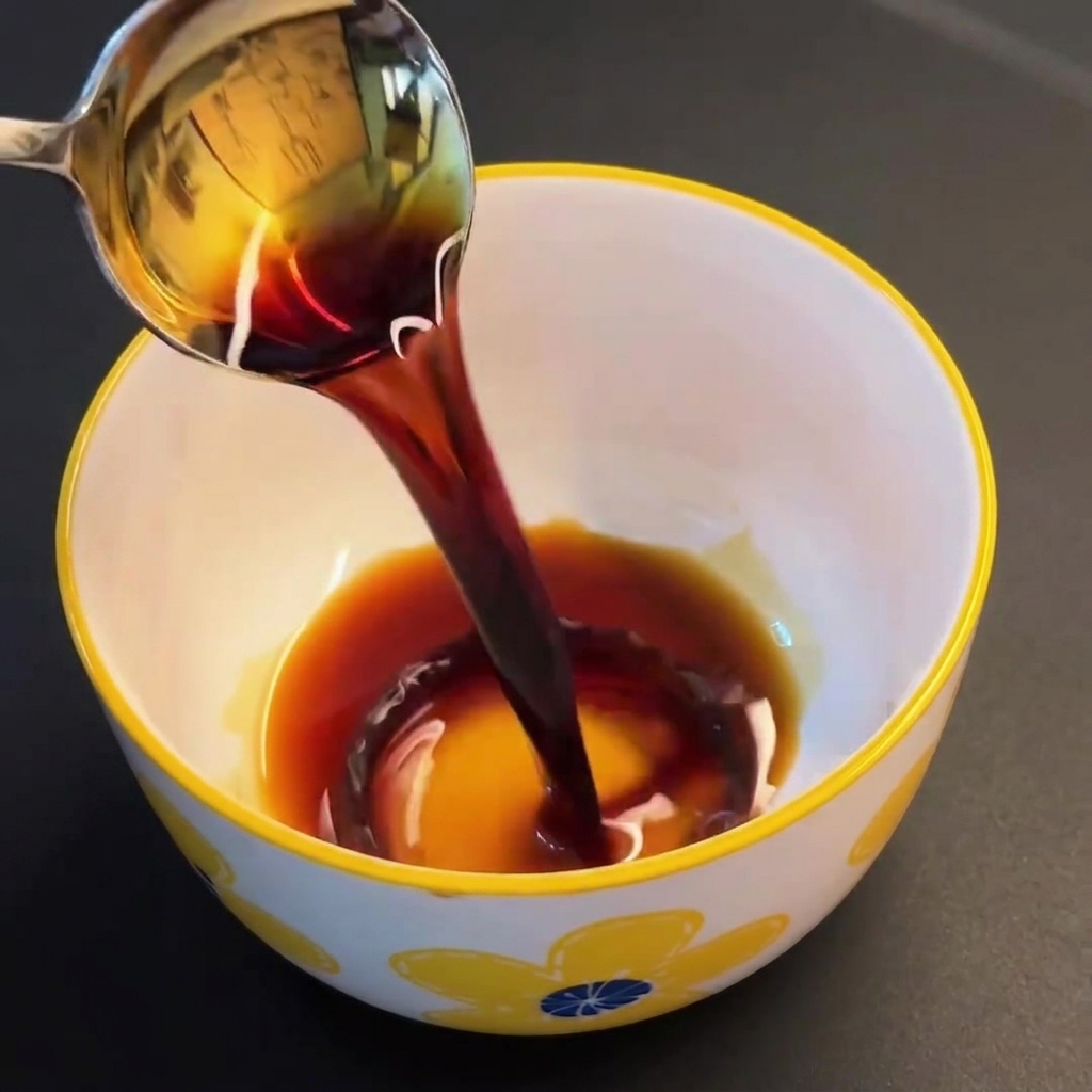 Sauce soja, sauce huître et autres assaisonnements mélangés dans un bol pour créer une sauce uniforme.
