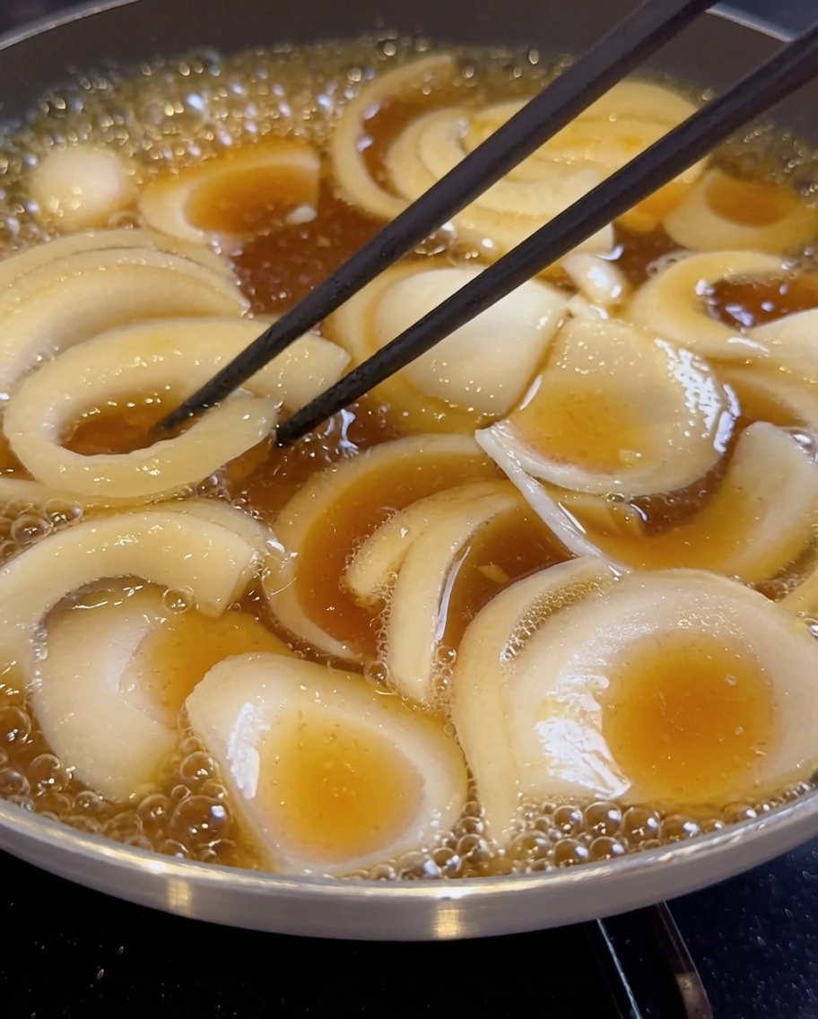 Lamelles doignons mijotant dans un liquide sombre et bouillonnant dans une poêle.