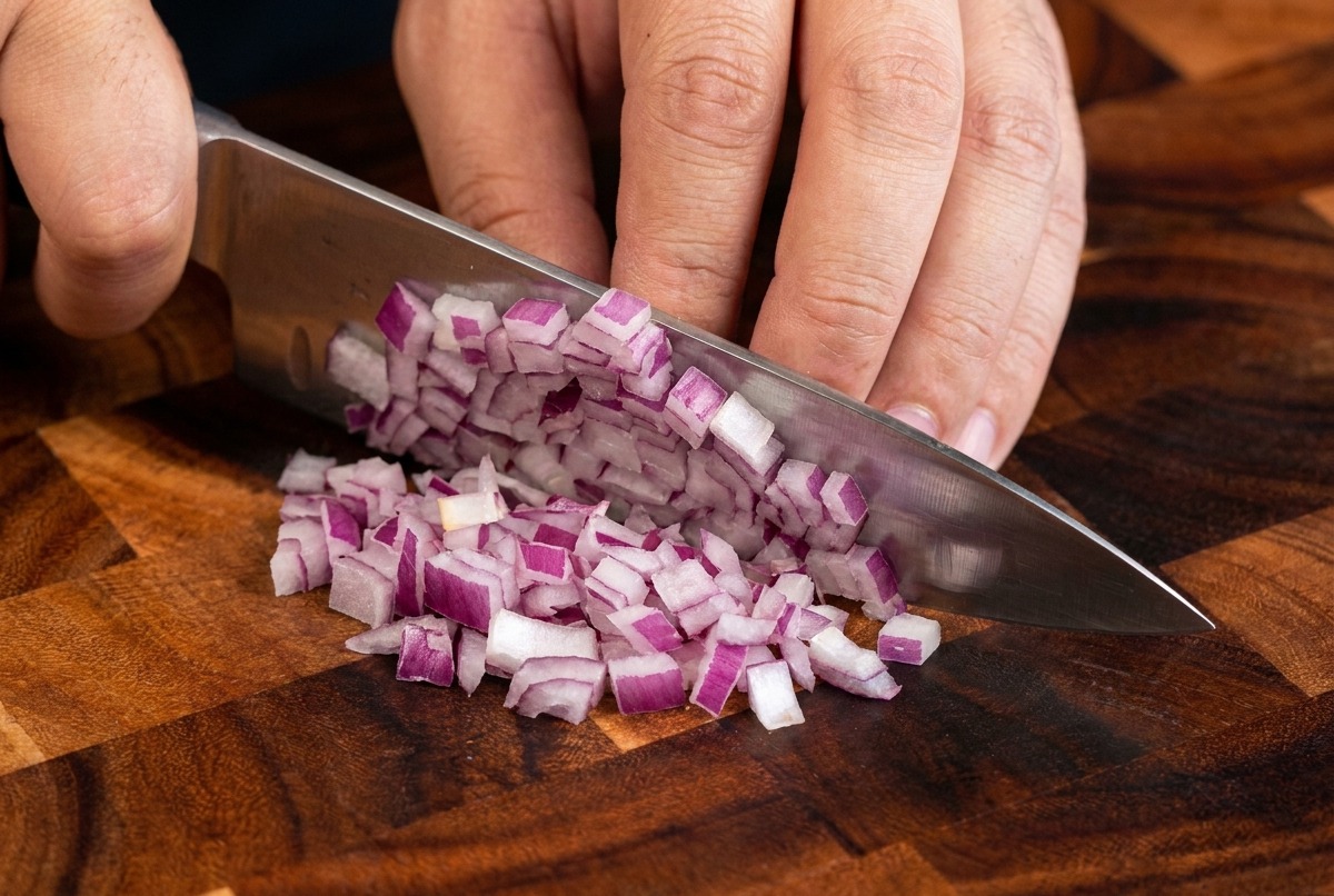 Morceaux doignon rouge fraîchement coupés en dés sur une planche à découper en bois.
