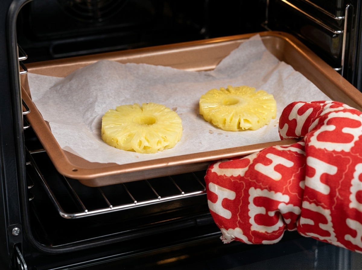 Tranches dananas jaune frais disposées sur une plaque de cuisson recouverte de papier sulfurisé.