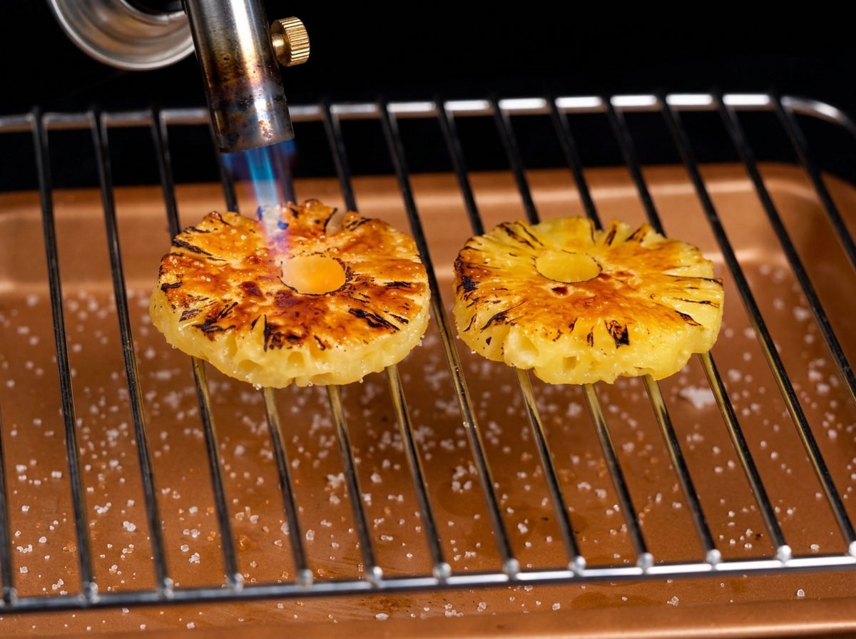 Tranches dananas sur une grille avec une surface de sucre caramélisé doré, en cours de passage au chalumeau.