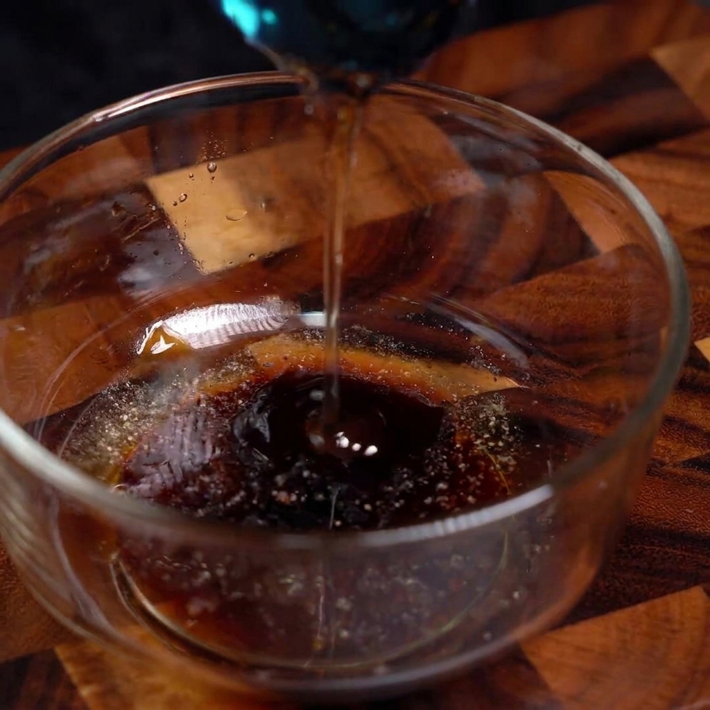 Gros plan dun mélange de sauce brune à base de soja remué avec une cuillère dans un bol en verre, avec des graines de sésame visibles.