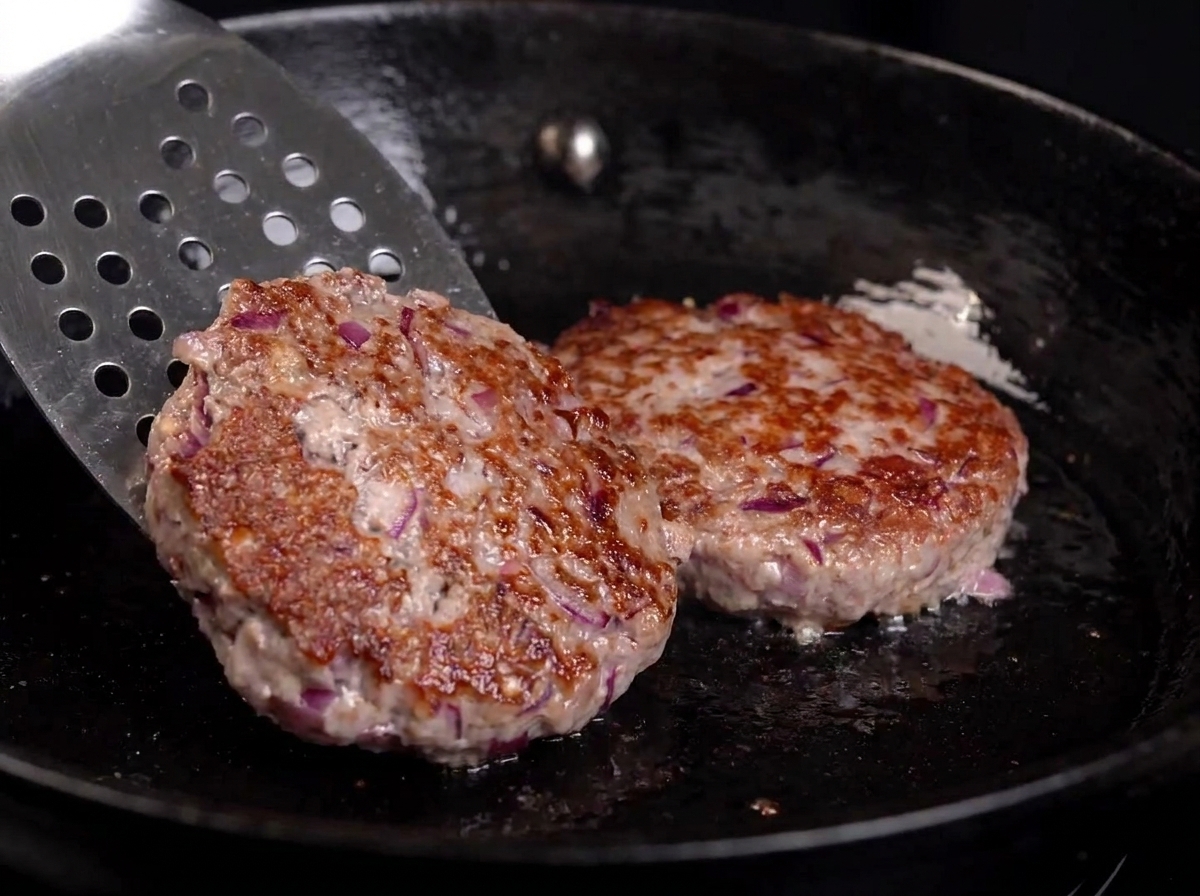 Une spatule métallique retournant un steak de bœuf dans une poêle, révélant une croûte dorée sur le côté cuit.