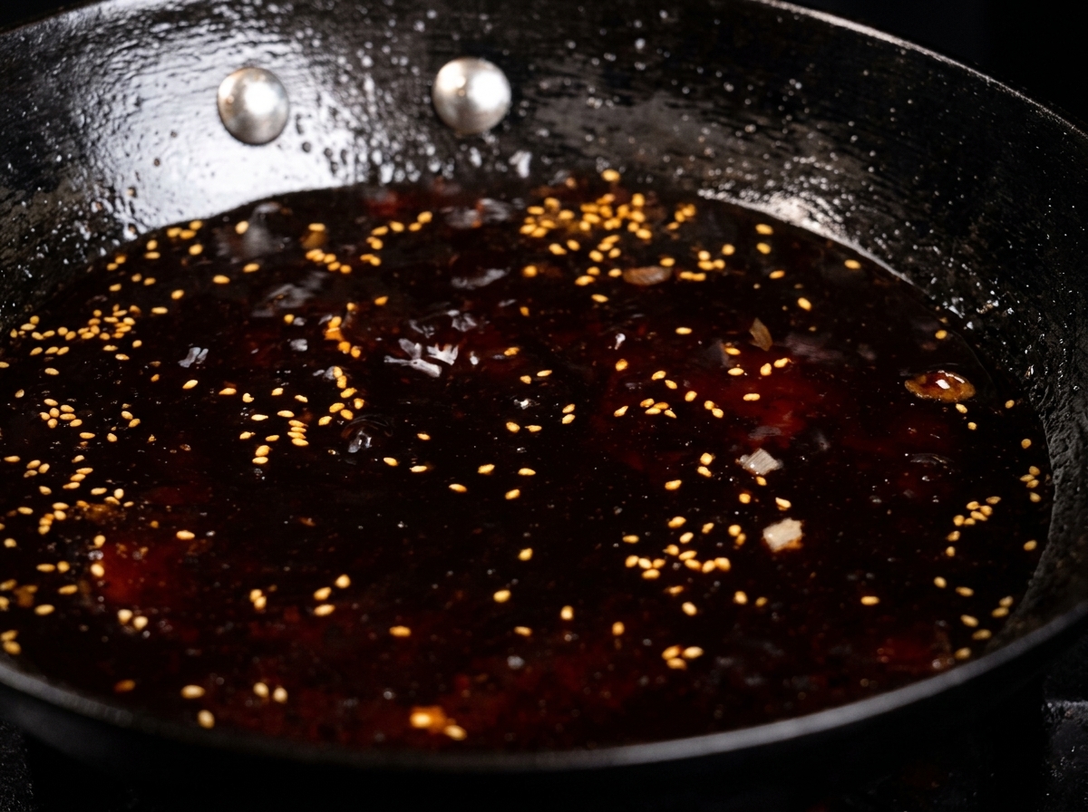 Une sauce brune et épaisse bouillonne dans une poêle, paraissant brillante et nappante.