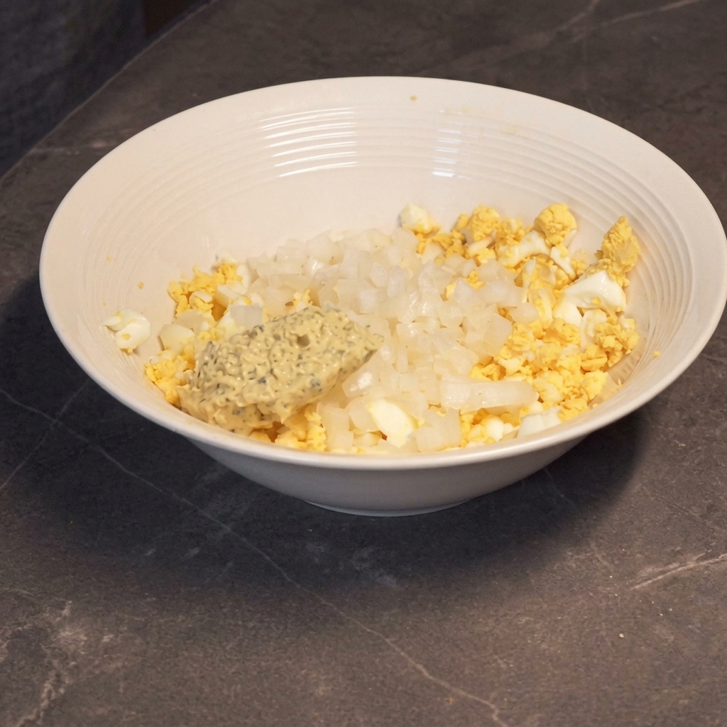 Oignons hachés et sauce tartare mélangés aux œufs écrasés dans un bol blanc.