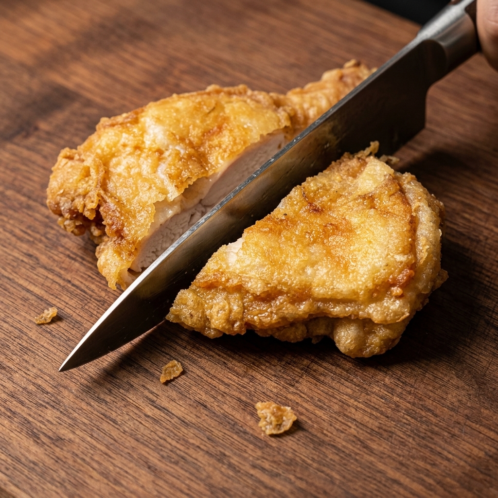 Escalope de poulet frit croustillante découpée sur une planche en bois, révélant la chapelure dorée et la viande tendre.