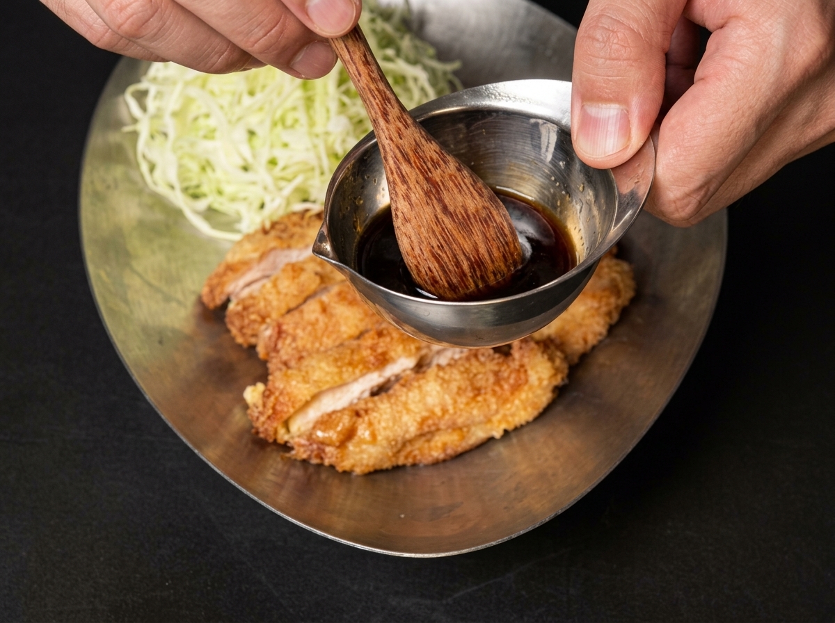 Gros plan dun mélange soja-vinaigre-sucre versé en filet sur des tranches de poulet frit encore chaudes.