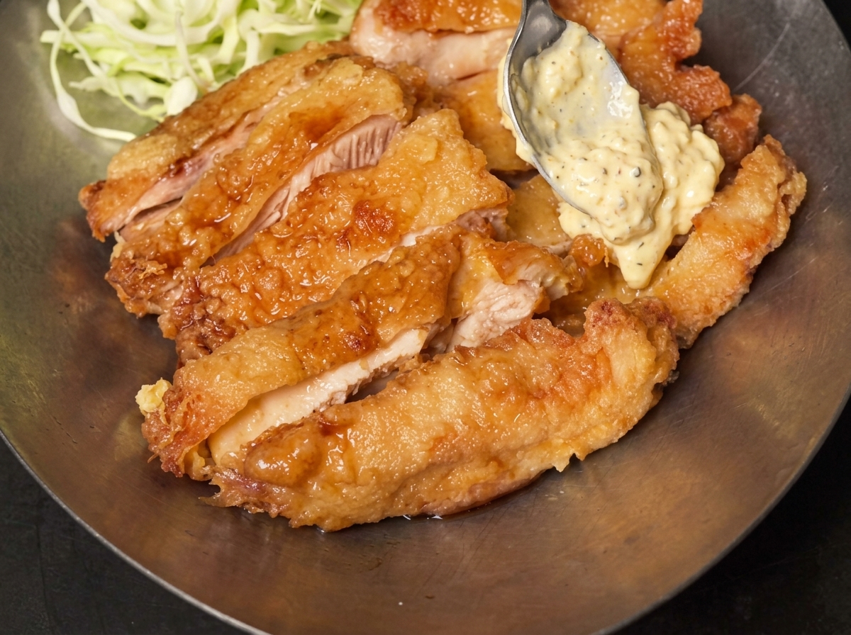 Généreuse cuillerée de sauce tartare aux œufs déposée sur les escalopes de poulet nappées de sauce.
