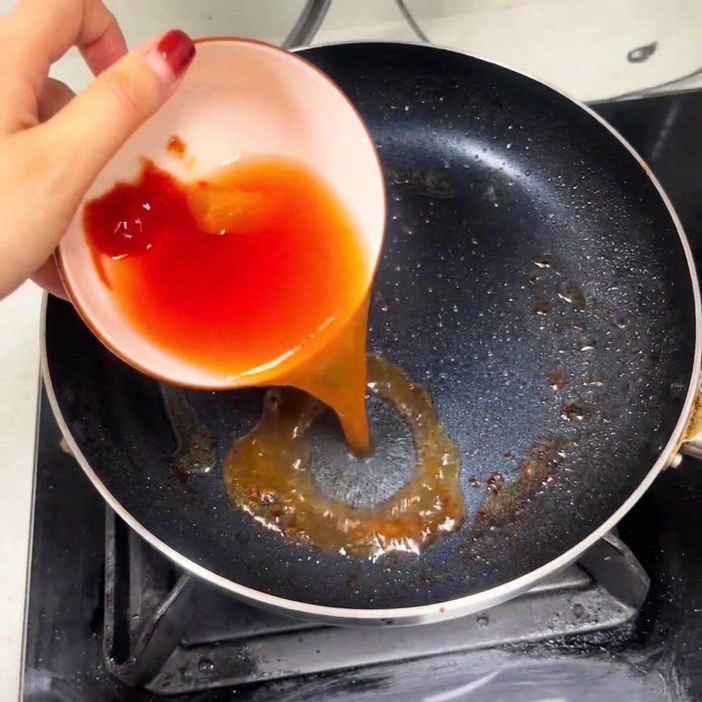 Une main versant un mélange rouge vif de ketchup et deau dun petit bol dans une poêle chaude.