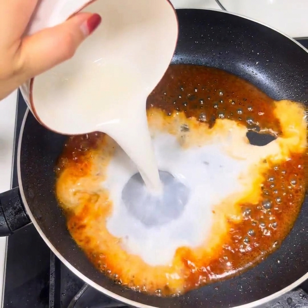 Verser un mélange de fécule de maïs et deau dans une sauce tomate rouge bouillonnante dans une poêle.