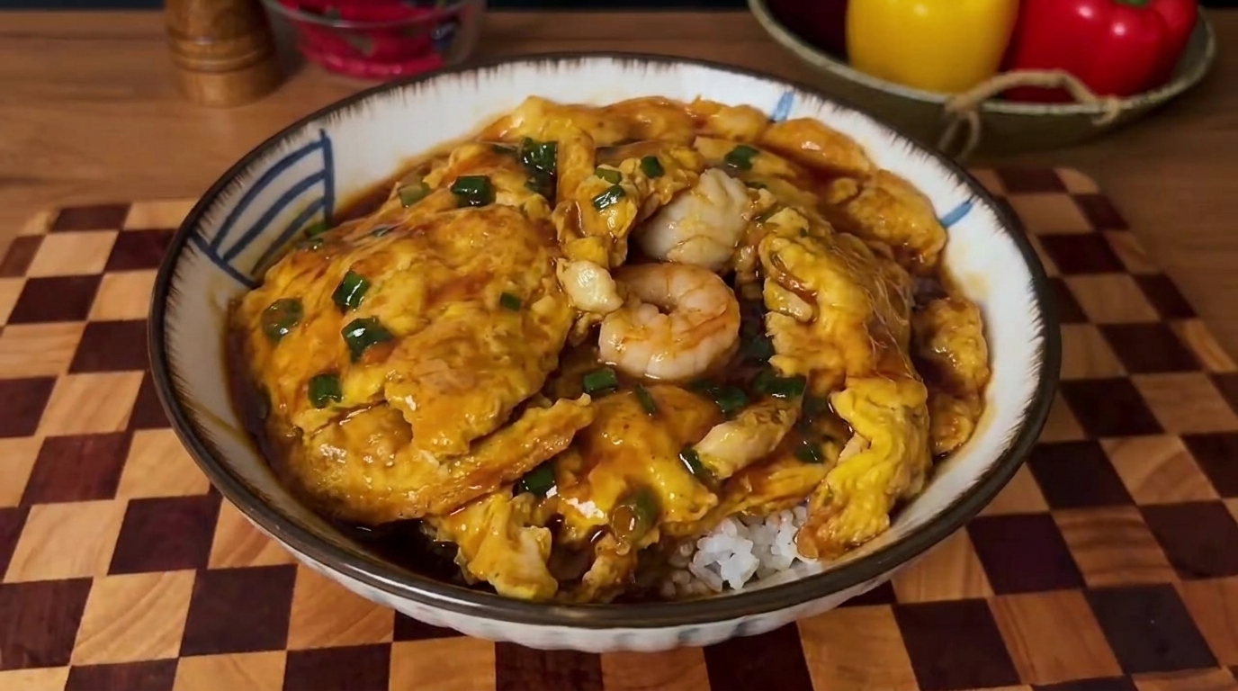 Bol de riz japonais aux fruits de mer et œufs