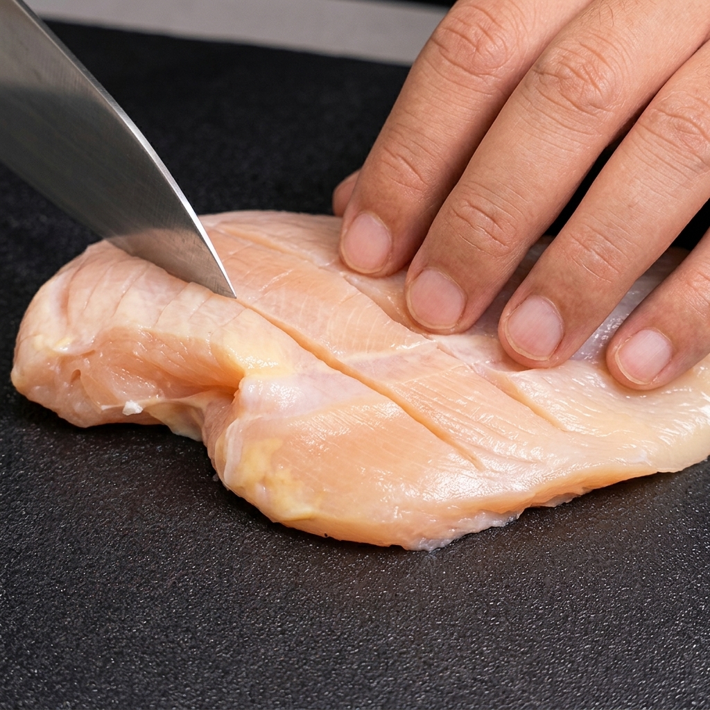 Une personne quadrillant un blanc de poulet cru avec un couteau bien aiguisé sur une planche à découper.