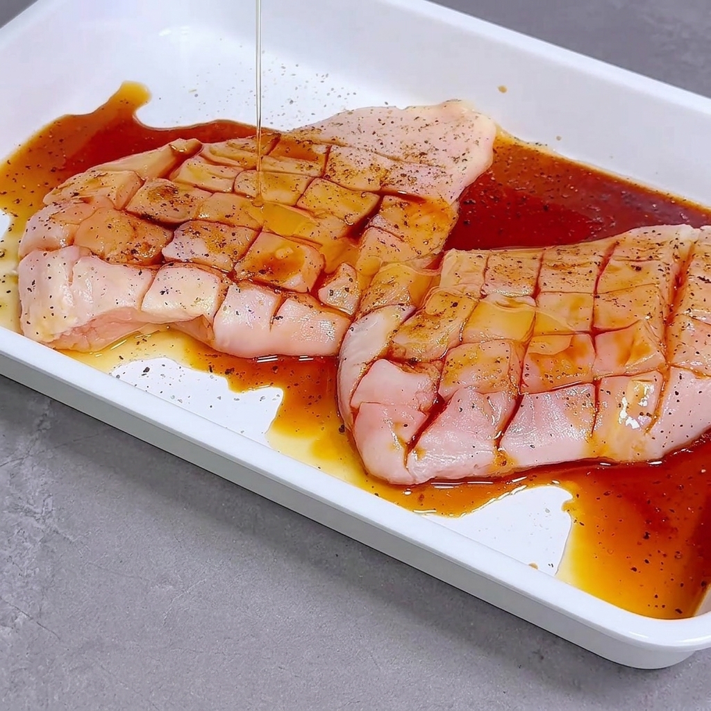 Verser une marinade sombre sur des blancs de poulet quadrillés dans un plateau blanc.