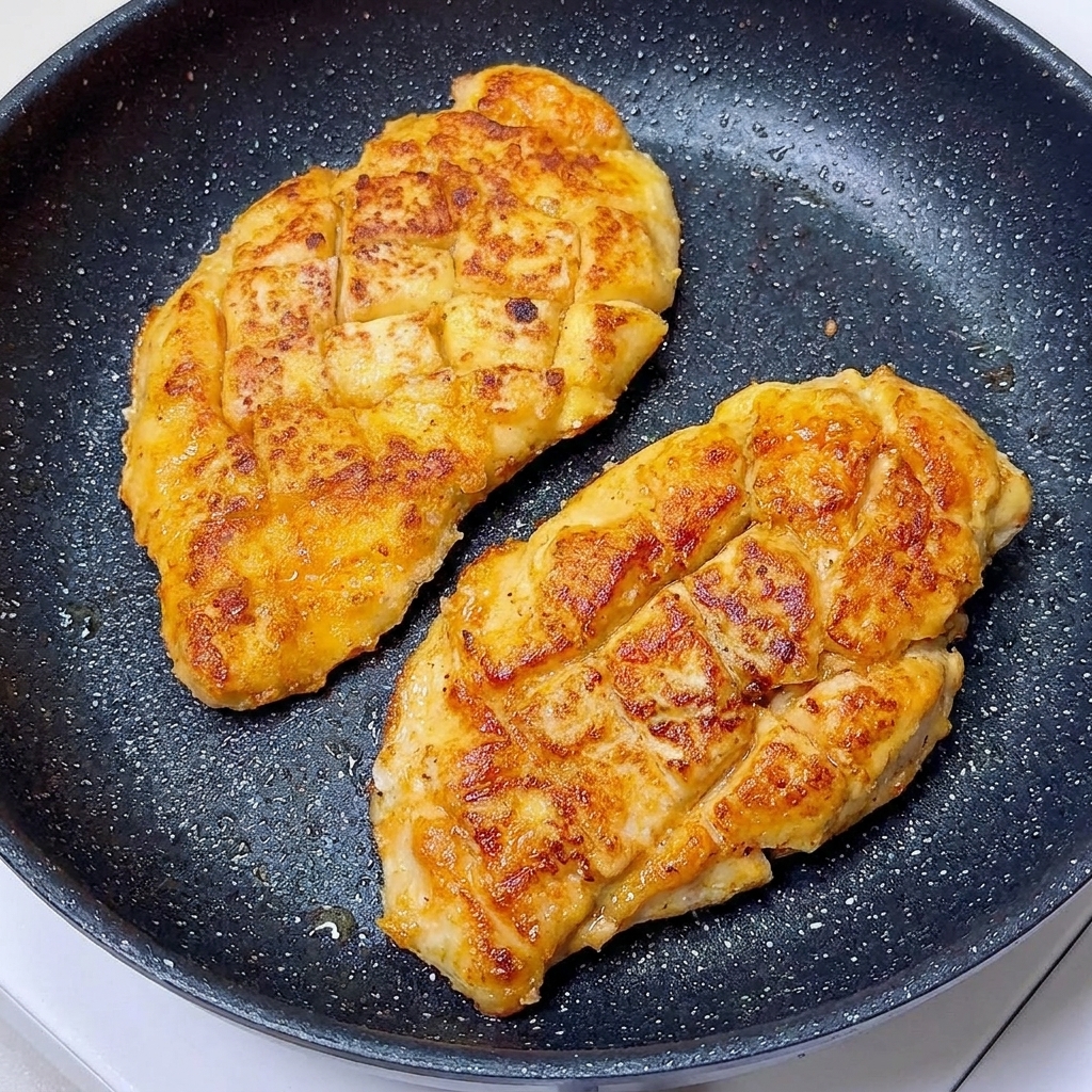 Morceaux de poulet enrobés en train de dorer dans une poêle jusquà former une croûte dorée.