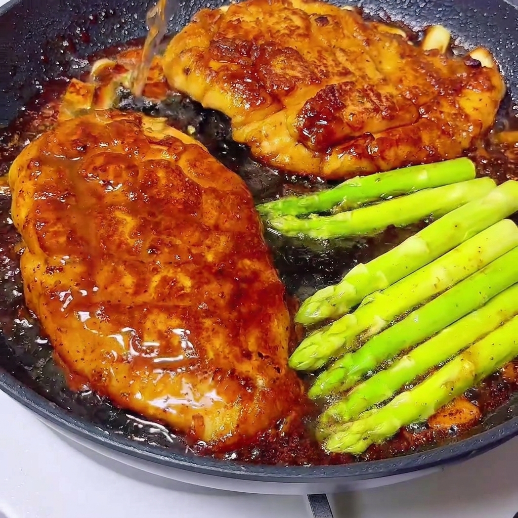 Verser du vin blanc dans une poêle contenant le poulet glacé et les asperges.