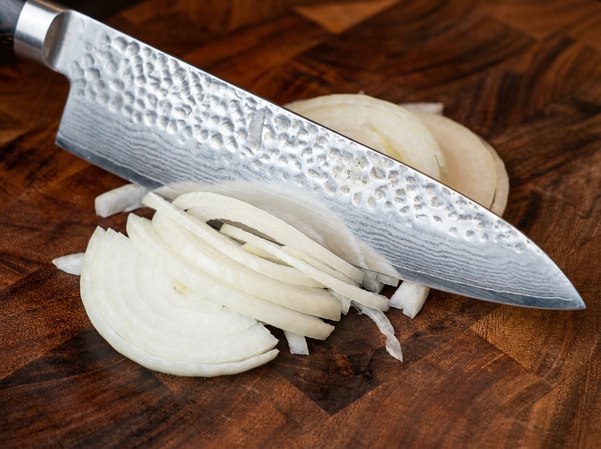 Morceaux doignon blanc finement tranchés sur une planche à découper en bois à côté dun couteau de chef.