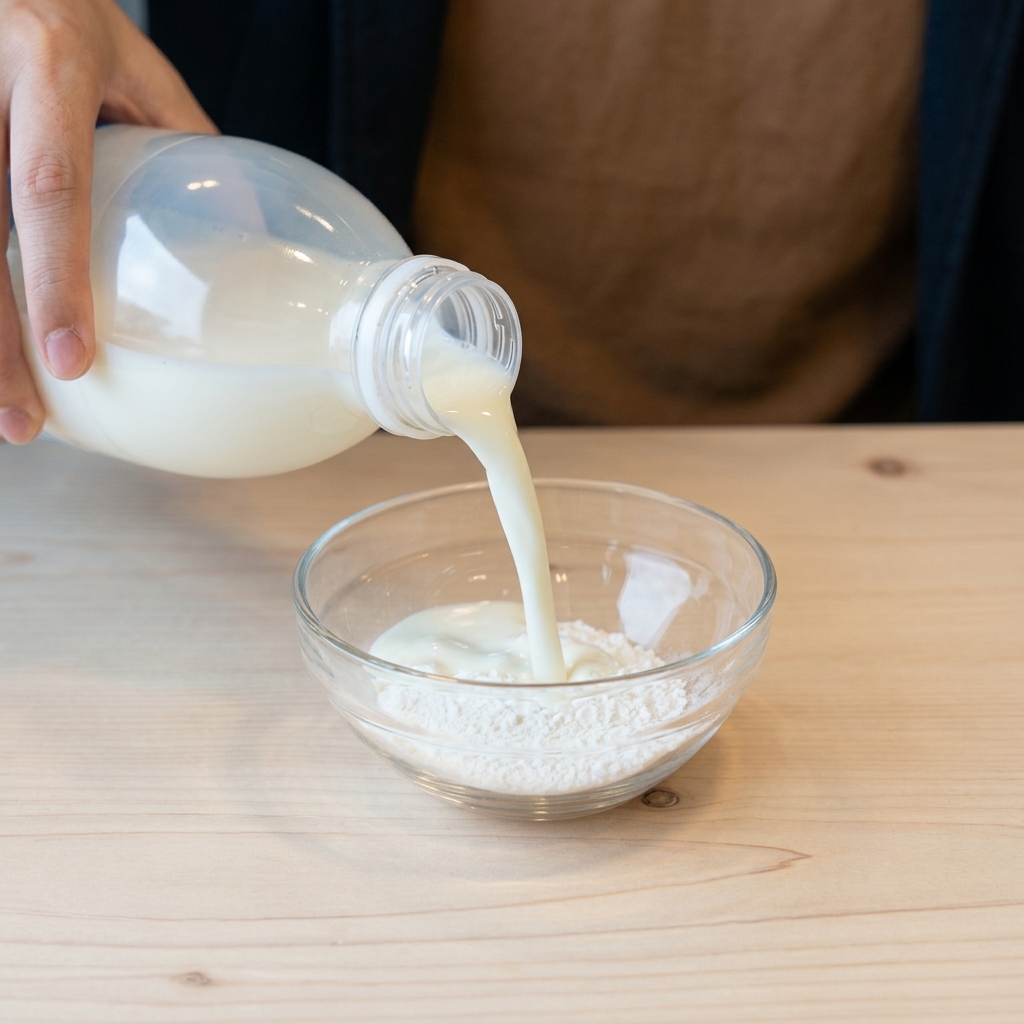 Un petit bol en verre contenant de la farine de patate douce avec du lait en train dêtre versé.
