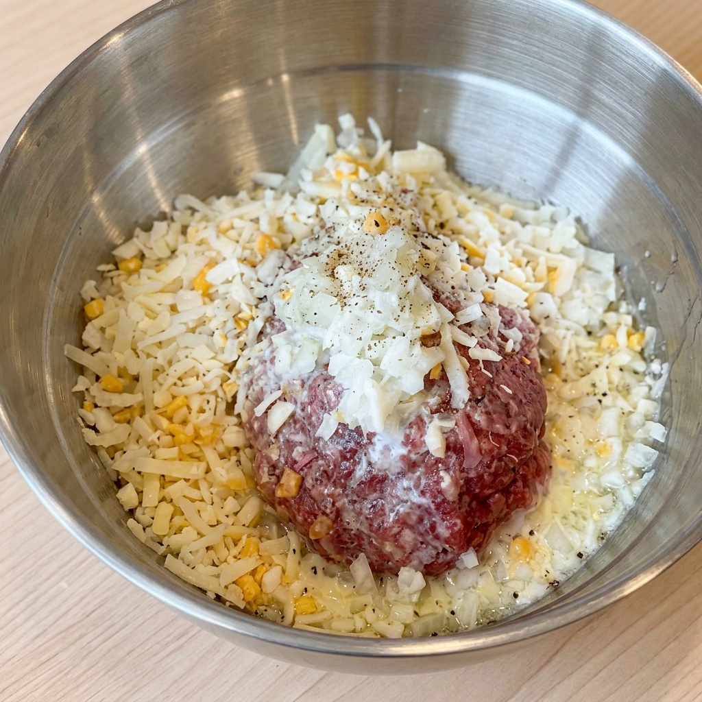 Le mélange de bœuf cru dans un grand bol agrémenté de fromage râpé, doignons et de poivre noir fraîchement moulu.