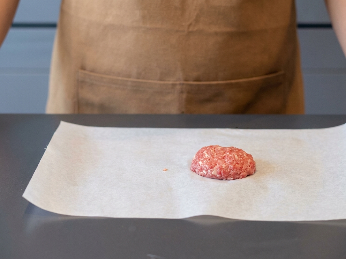Un steak de viande cru parfaitement formé reposant sur du papier sulfurisé, prêt à être cuit.