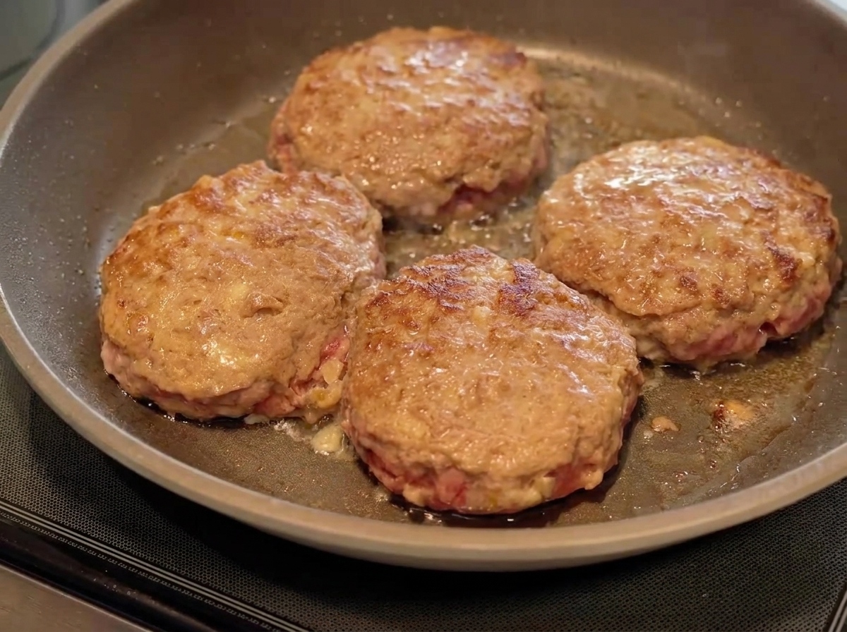 Une noix de beurre fondant dans une poêle autour de trois steaks hachés en train de dorer.
