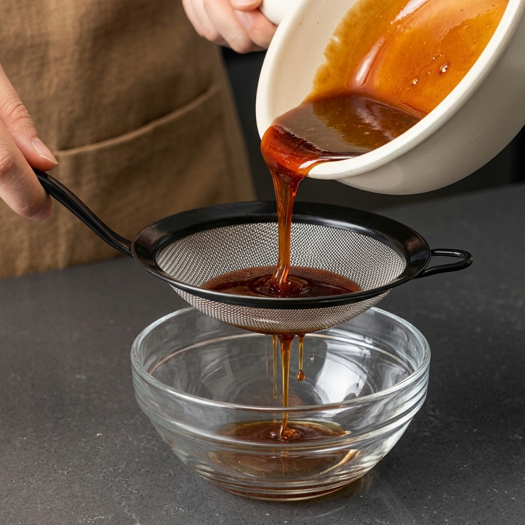 Une sauce riche et brun foncé versée à travers une passoire en métal dans un bol en verre transparent.