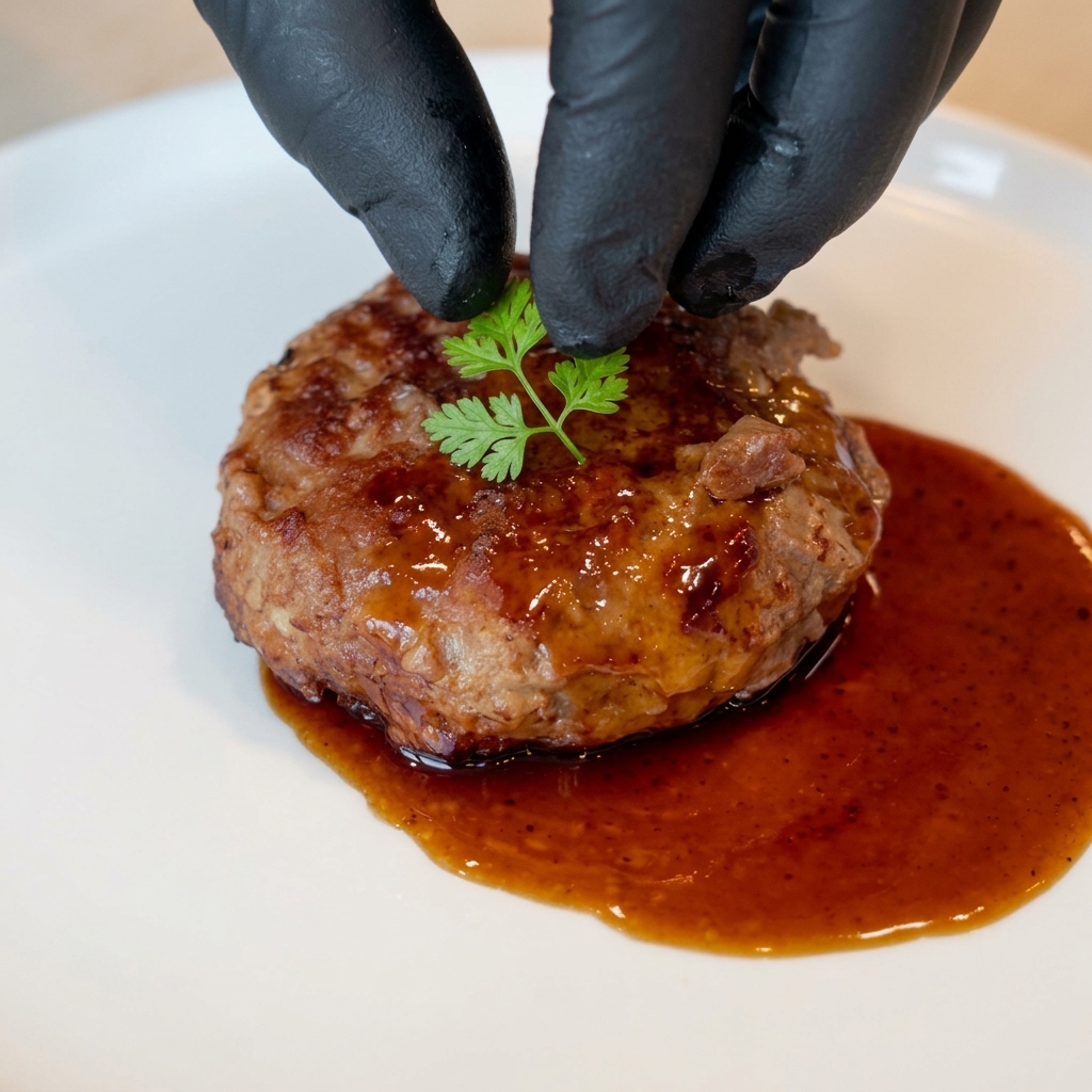Gros plan dun steak haché juteux sur une assiette blanche, garni de fines lamelles de ciboule fraîche.