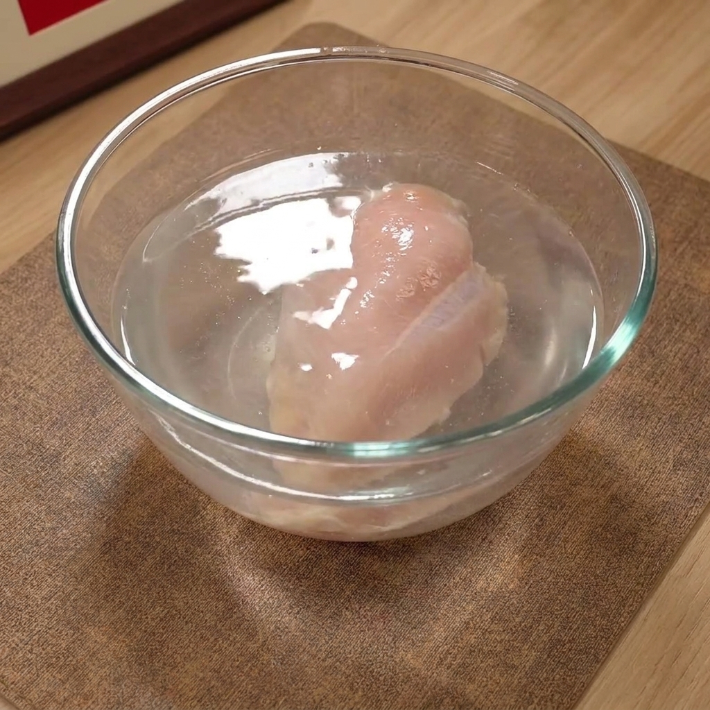 Un gros plan dun blanc de poulet immergé dans un bol en verre rempli deau salée.