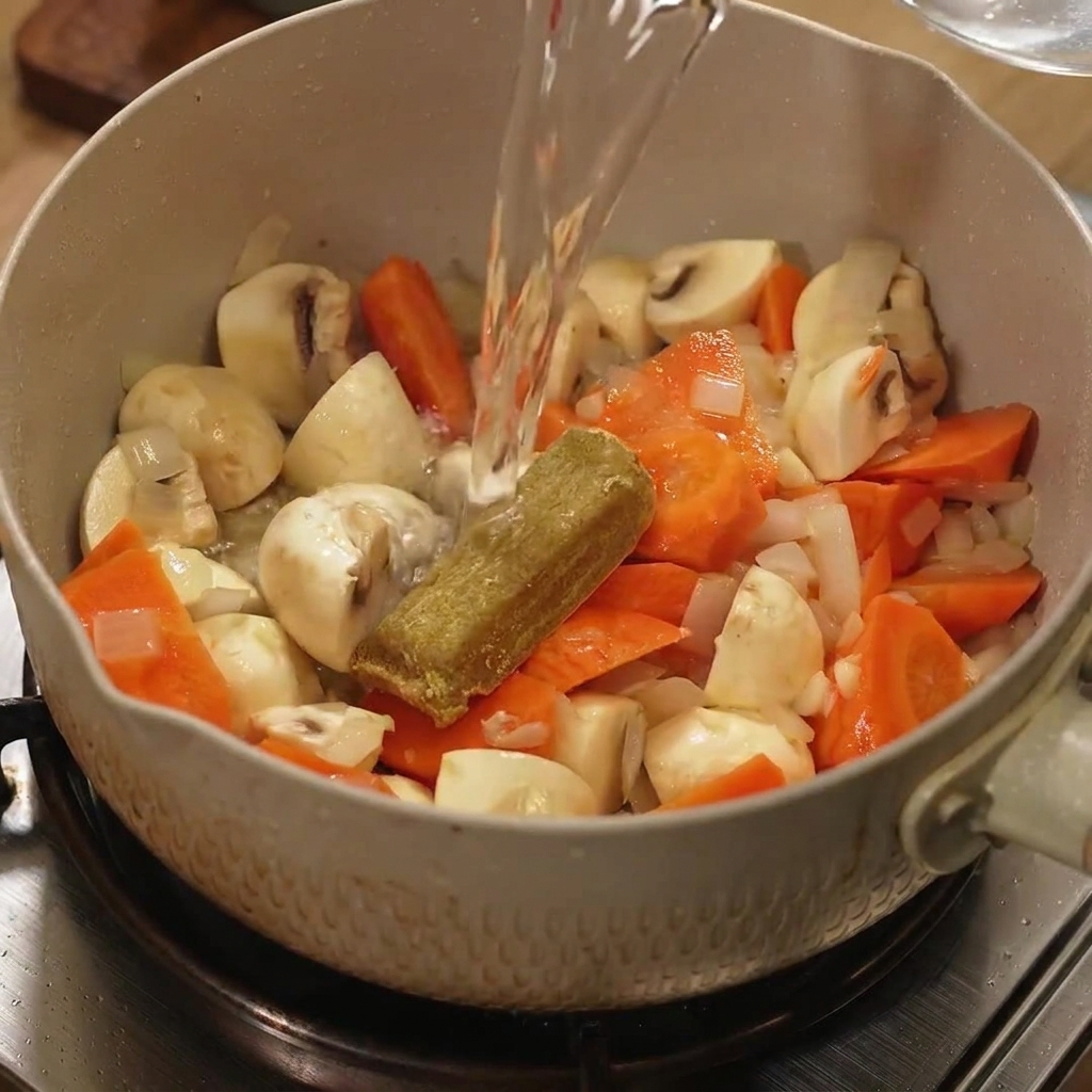 Un cube de curry dans une casserole alors que de leau bouillante est versée dessus.