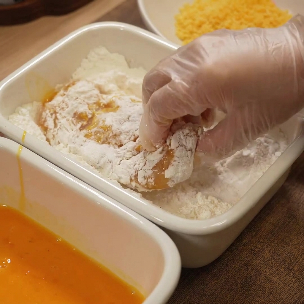 Un blanc de poulet pressé dans une couche de farine blanche.