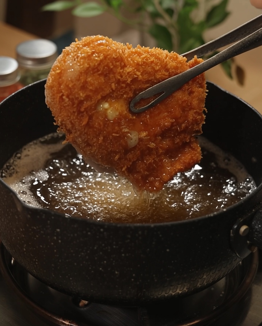 Une escalope de poulet panée dorée retirée de lhuile de friture chaude avec des pinces en métal.