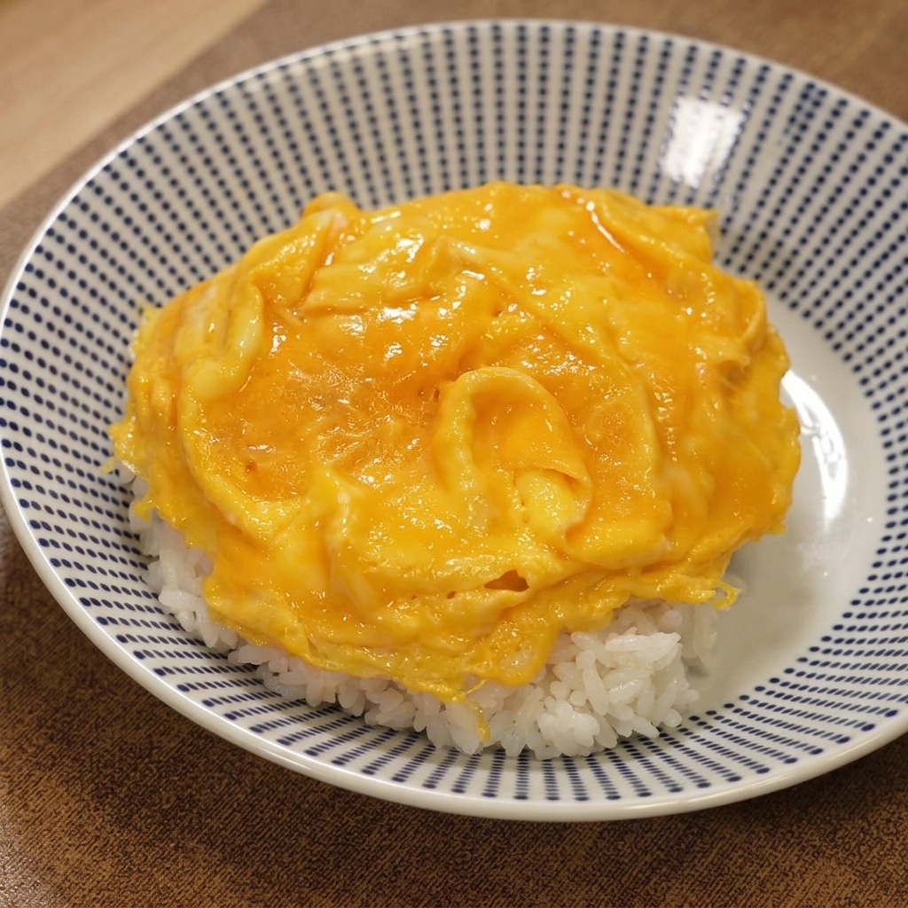 Un bol complet présentant un lit de riz blanc surmonté dœufs brouillés moelleux, dune escalope de poulet frite tranchée et dune riche sauce au curry.