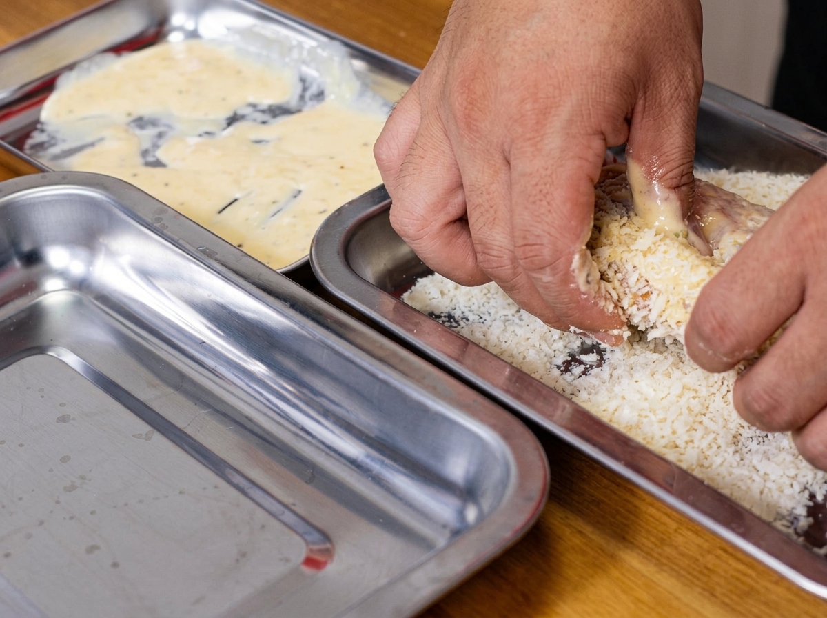 Le poulet pressé dans une assiette de chapelure panko pour une couverture complète.