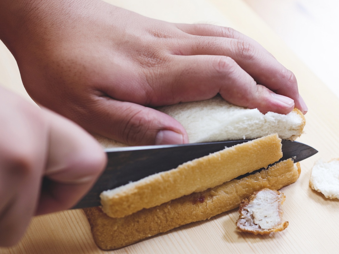 Un couteau de chef coupant les bords dun sandwich sur une planche.