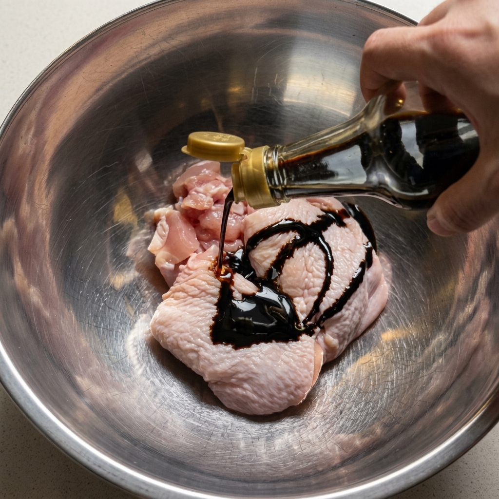 Des morceaux de poulet crus plongés dans une marinade brune dans un bol en inox.