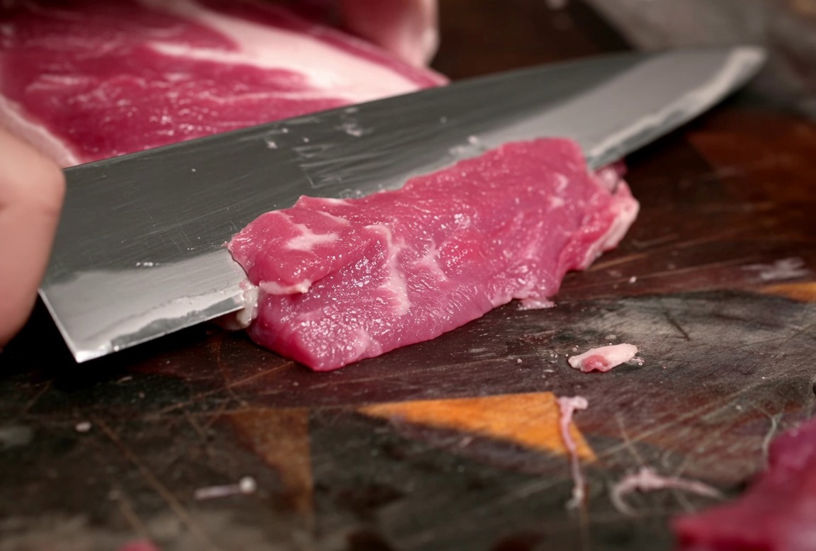 Fines tranches de faux-filet Angus cru sur une planche à découper en bois foncé.