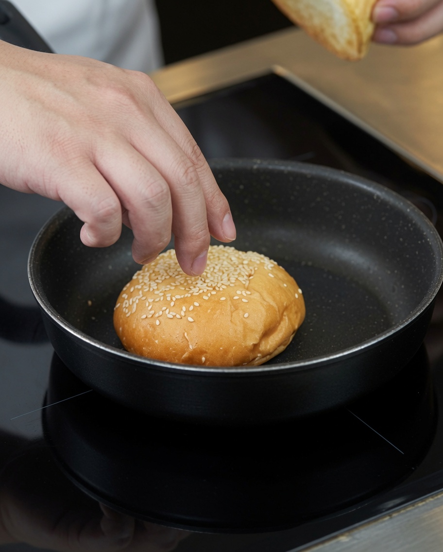 Un pain à burger grillant dans une poêle antiadhésive sur une plaque de cuisson.