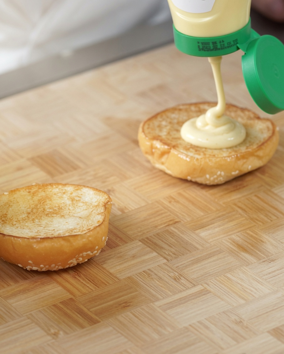 De la mayonnaise pressée sur un pain grillé, suivie dune couche de coleslaw frais.