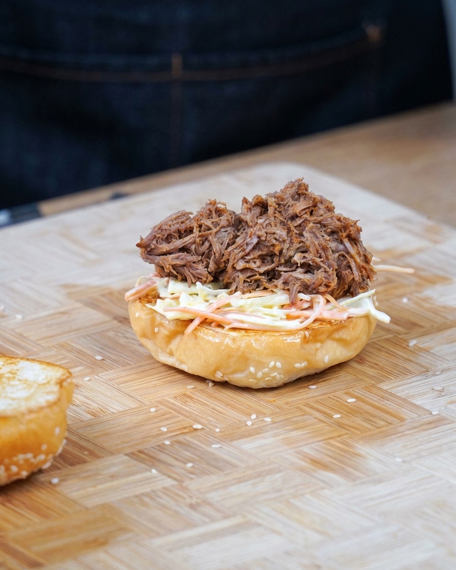 Une généreuse portion de porc effiloché placée sur le pain garni de coleslaw.