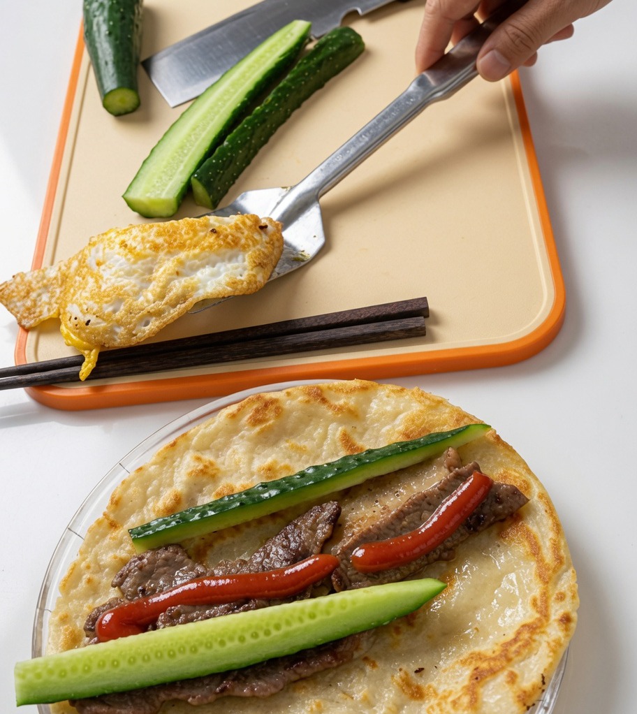 Le porc sur le pancake garni dun œuf au plat, de bâtonnets de concombre et dun filet de ketchup.