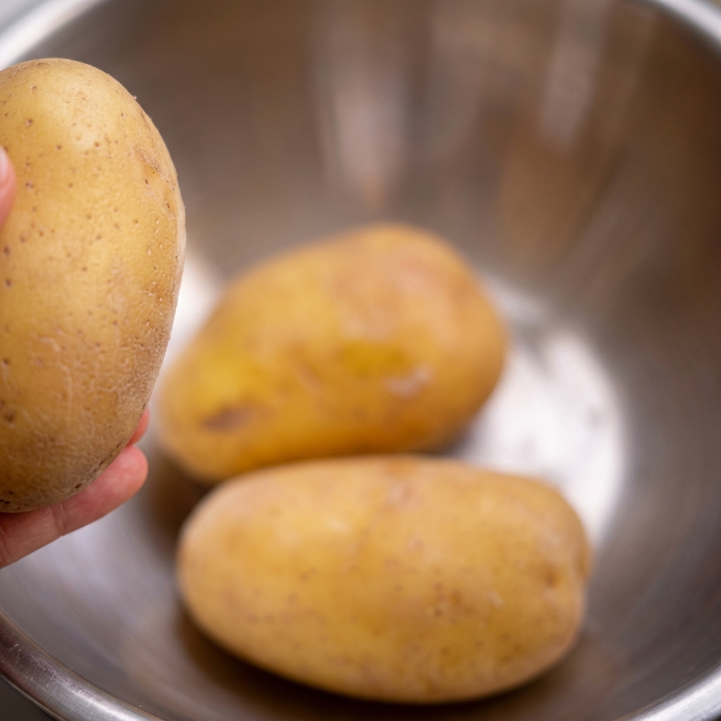 Pommes de terre surgelées dans un bol en inox rempli deau froide.