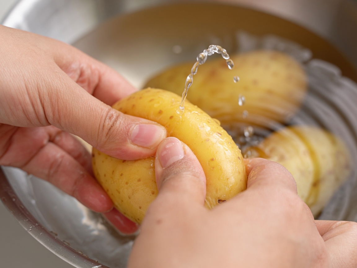 Des mains pressant fermement lhumidité dune pomme de terre décongelée au-dessus dun bol.