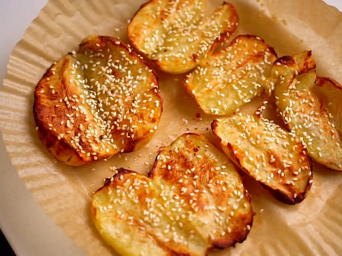 Gros plan sur de la poudre de piment saupoudrée sur des pommes de terre rôties bien dorées.