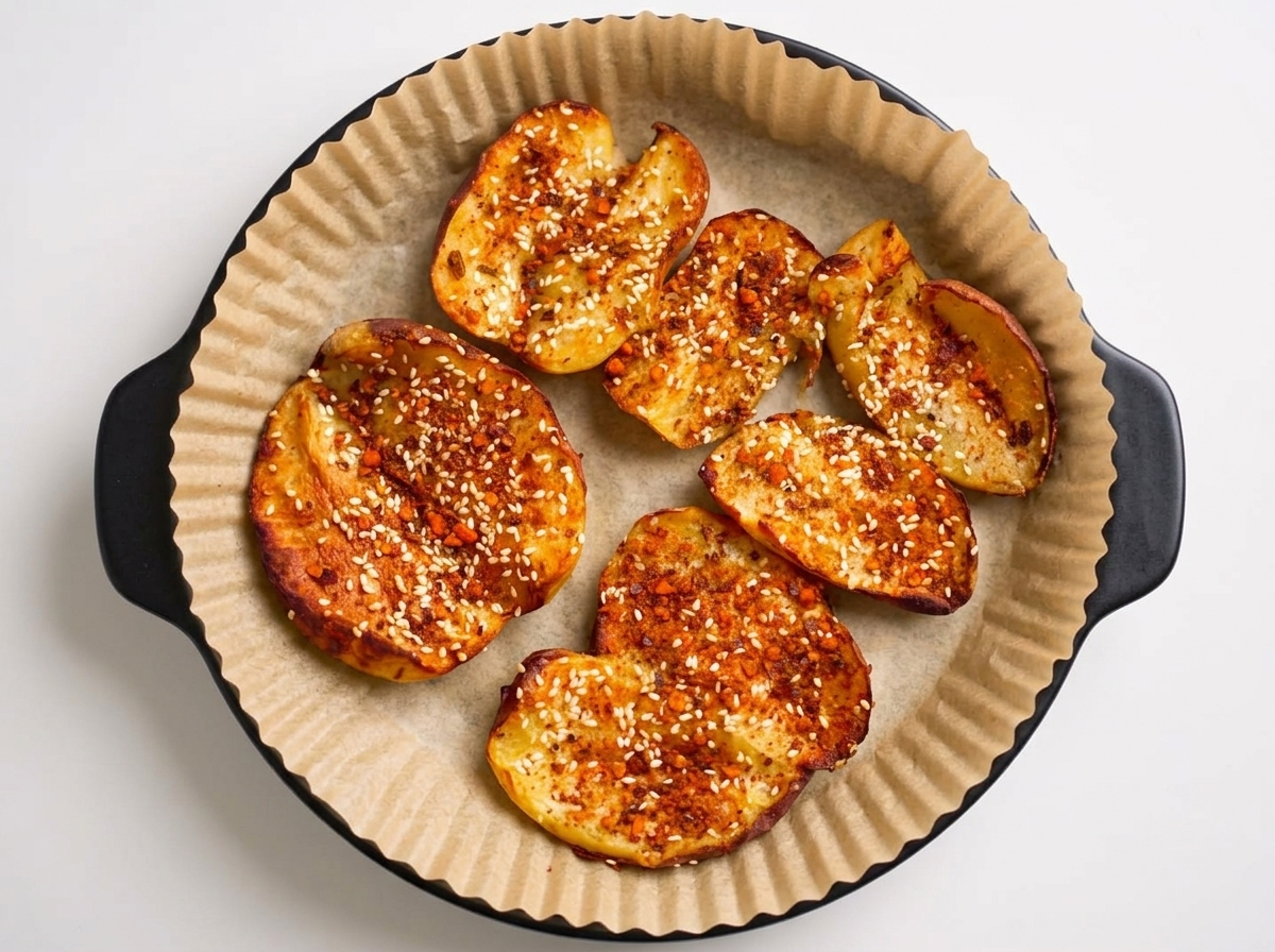 Oignons verts finement ciselés parsemés sur une assiette de pommes de terre rôties et assaisonnées.